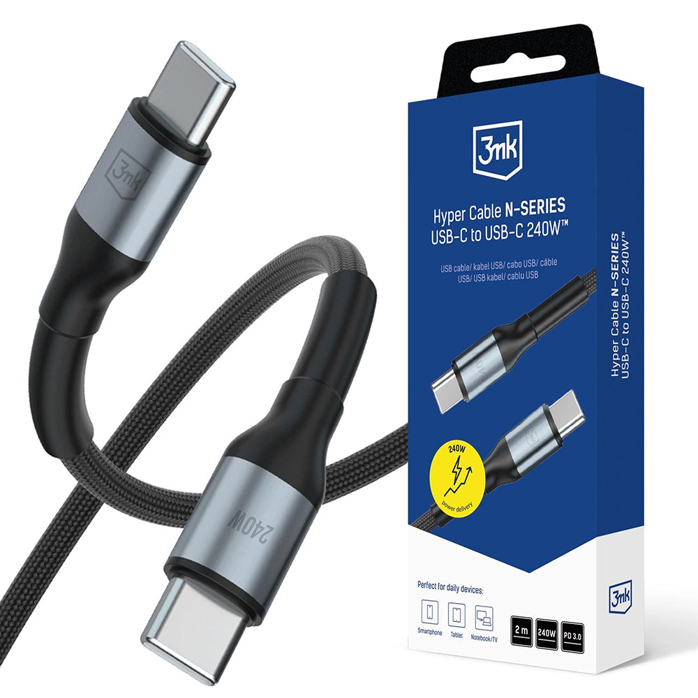 Datový a nabíjecí kabel USB-C - USB-C 3MK Hyper, 240W, 2m, Černý