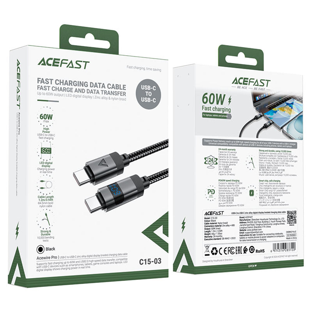 Datový a nabíjecí kabel USB-C - USB-C Acefast C15-03 Display, 60W, 1.2m, Černý