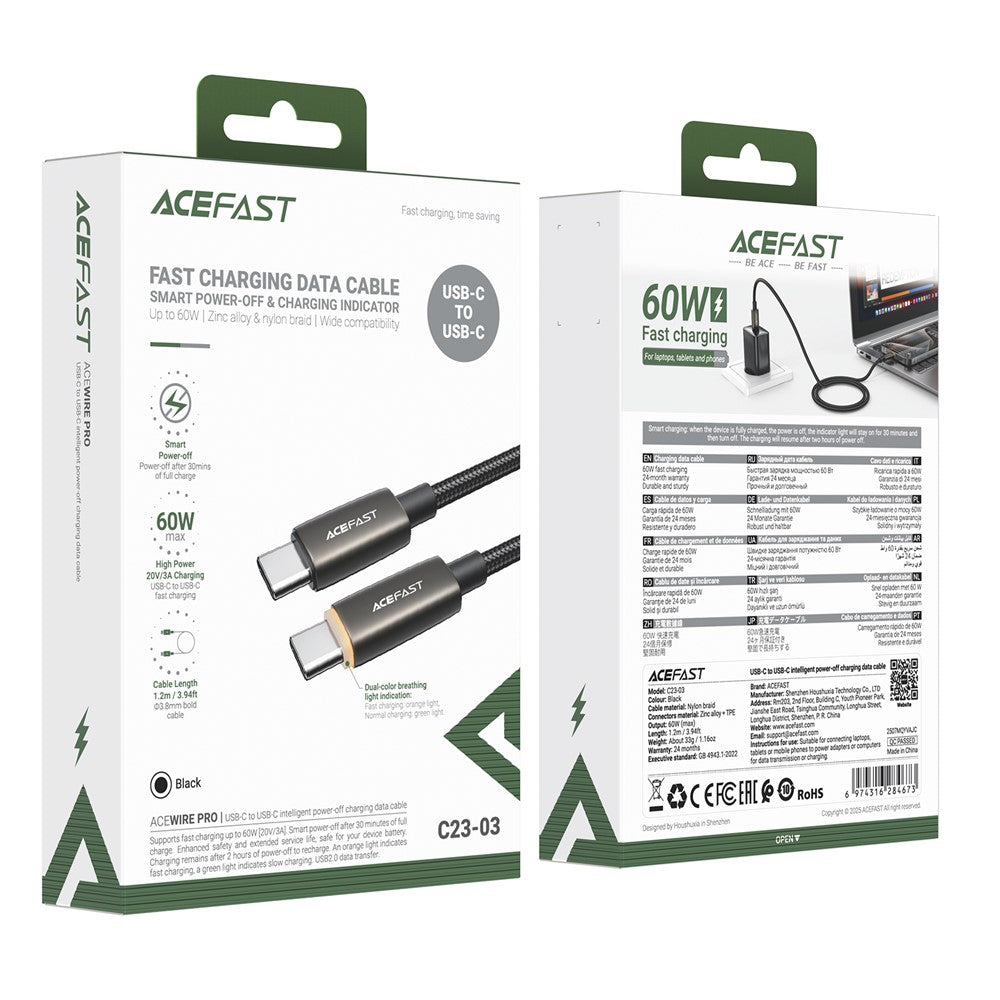 Datový a nabíjecí kabel USB-C - USB-C Acefast C23-03, 60W, 1.2m, černý.