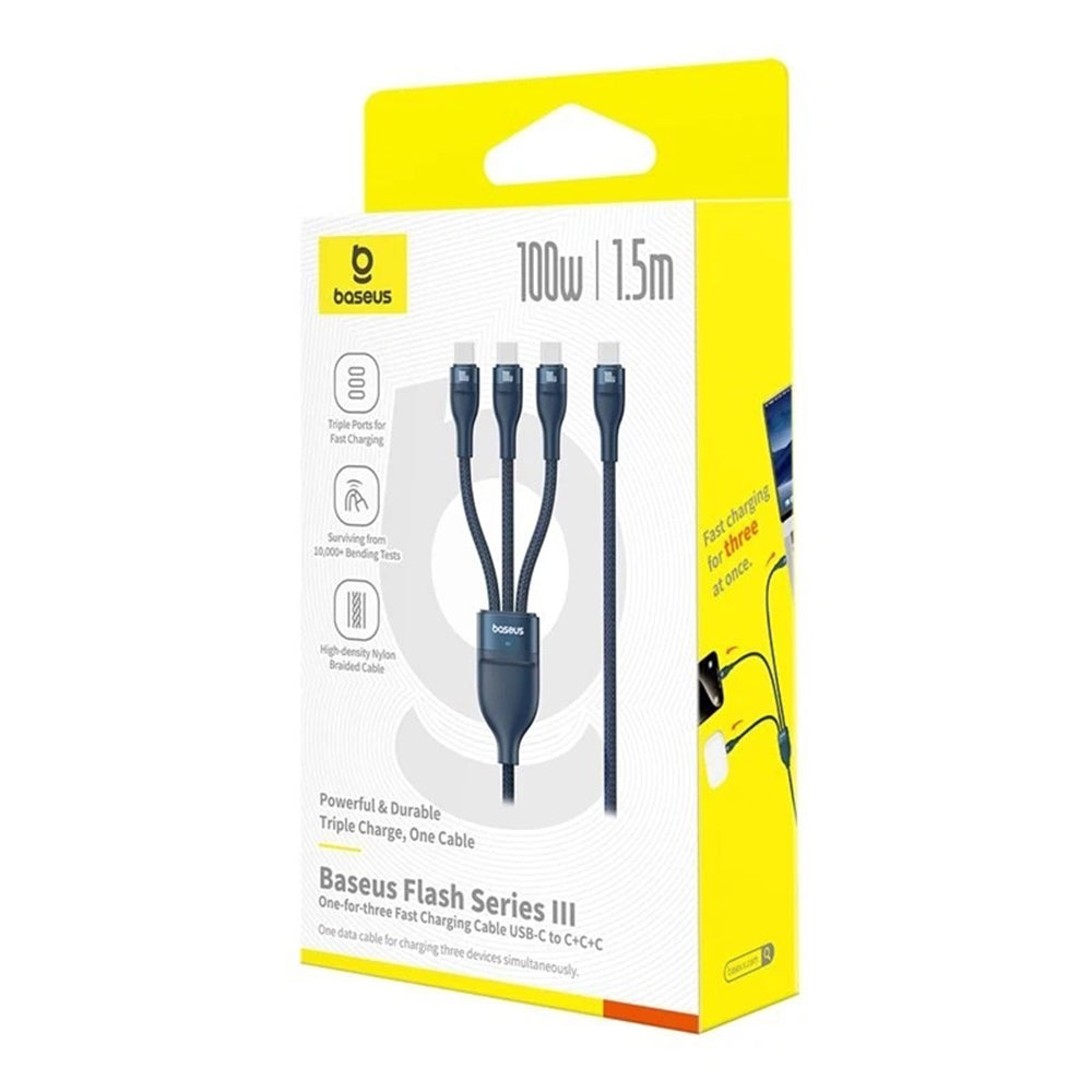 Nabíjecí kabel USB-C - 3 x USB-C Baseus Flash Series III 3v1, 100W, 1.5m, Modrý P10377503321-00