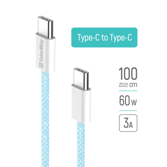 Datový a nabíjecí kabel USB-C - USB-C ColorWay CW-CBPDCC061, 60W, 1m, Modrý