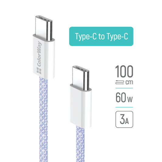 Datový a nabíjecí kabel USB-C - USB-C ColorWay CW-CBPDCC061, 60W, 1m, Fialový