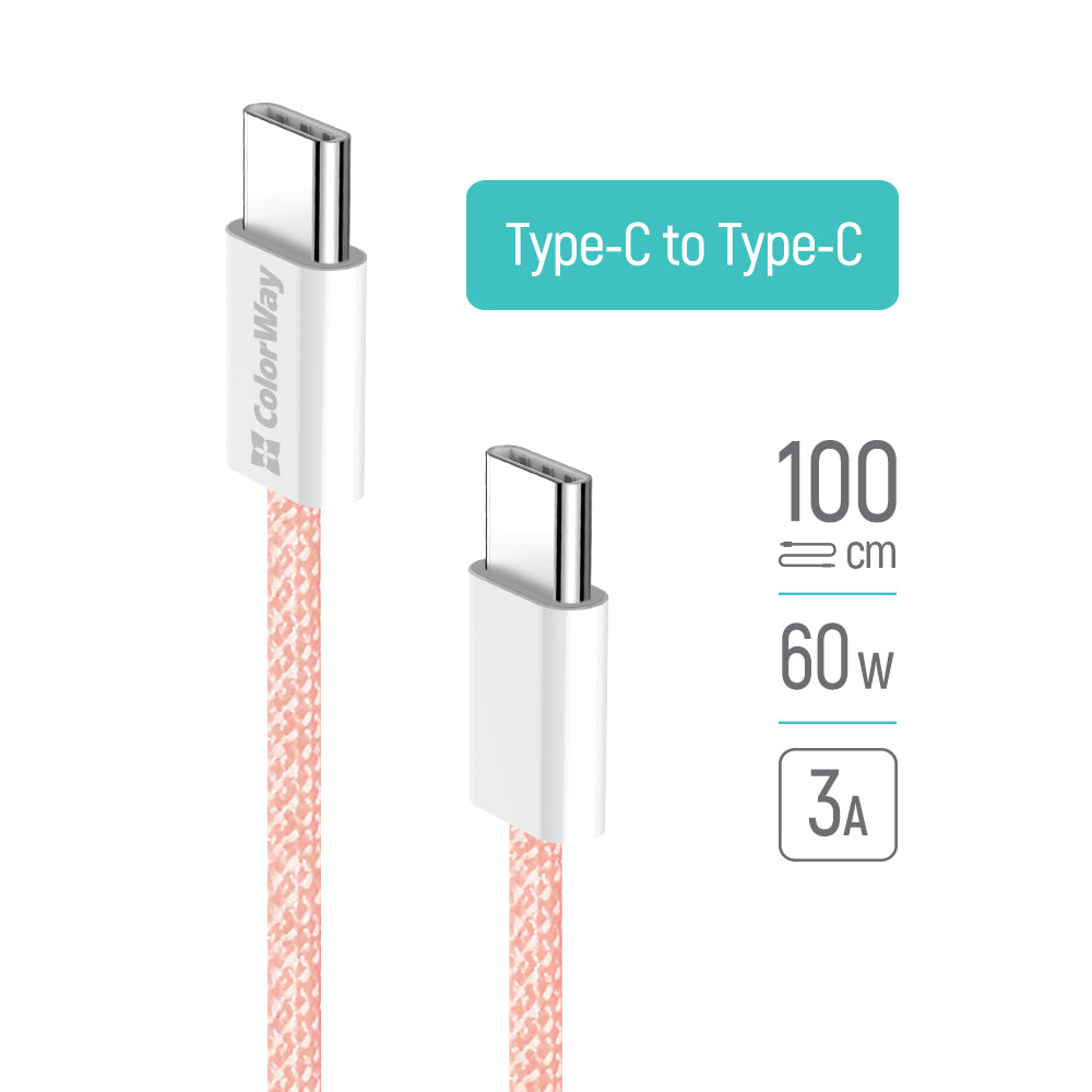 Datový a nabíjecí kabel USB-C - USB-C ColorWay CW-CBPDCC061, 60W, 1m, Růžový