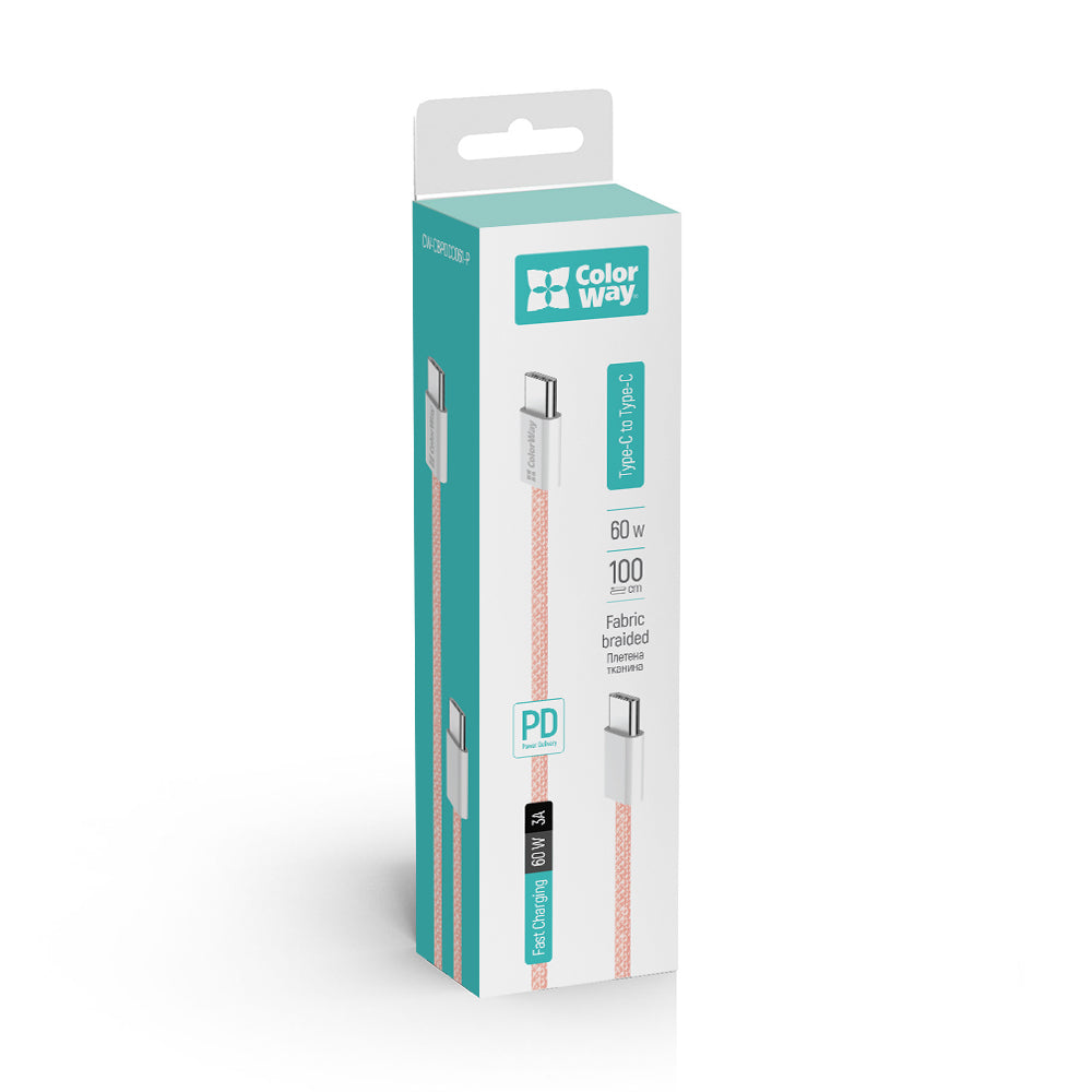 Datový a nabíjecí kabel USB-C - USB-C ColorWay CW-CBPDCC061, 60W, 1m, Růžový