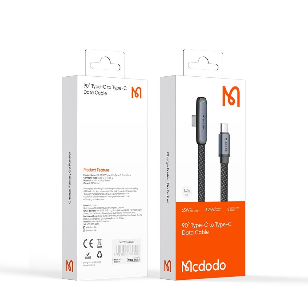 Datový a nabíjecí kabel USB-C - USB-C McDodo CA-3360 Angled, 65W, 1.2m, černý