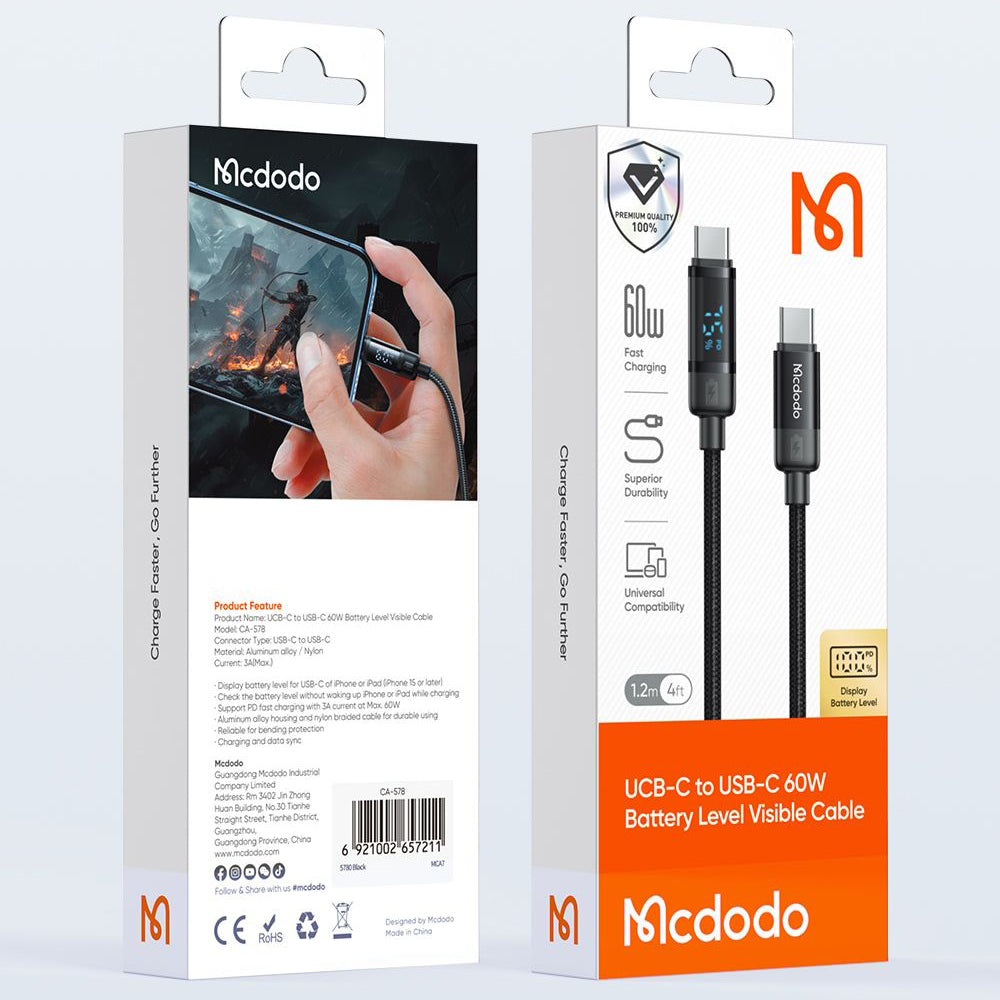Datový a nabíjecí kabel USB-C - USB-C McDodo CA-5780 Bat Display, 60W, 1.2m, Černý