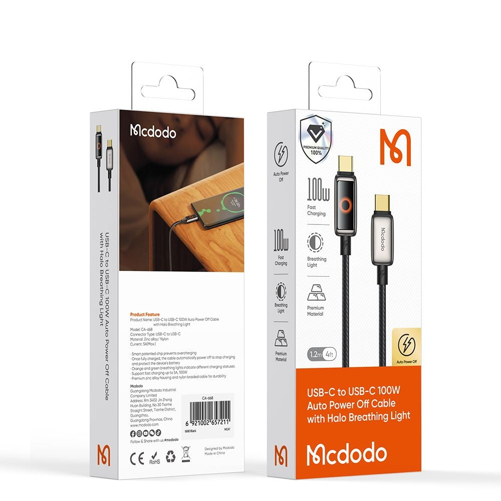 Datový a nabíjecí kabel USB-C - USB-C McDodo CA-6680 Auto Power Off, 100W, 1.2m, Černý