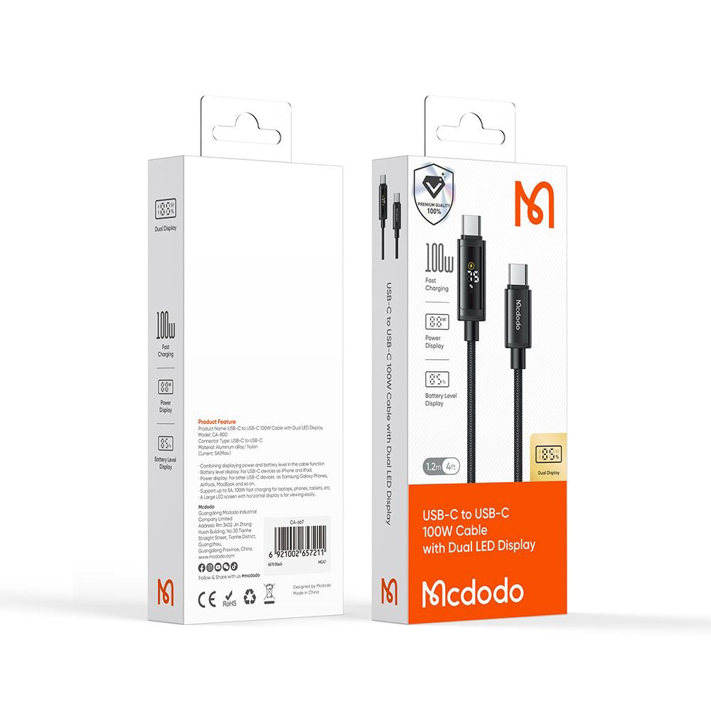 Datový a nabíjecí kabel USB-C - USB-C McDodo CA-8000 Display, 100W, 1.2m, Černý