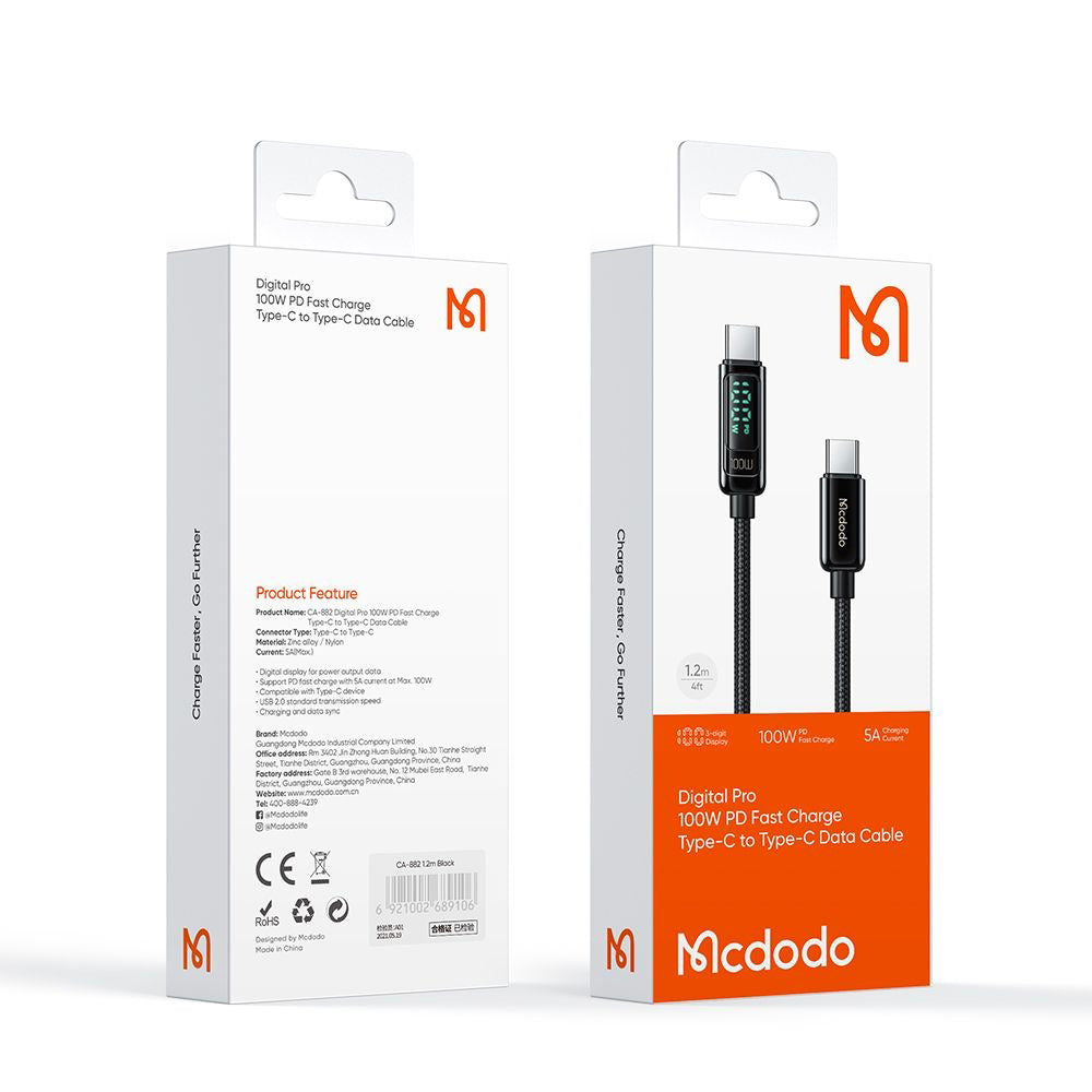 Datový a nabíjecí kabel USB-C - USB-C McDodo CA-8820 Display, 100W, 1.2m, černý