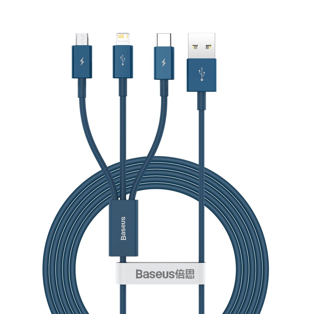 Nabíjecí kabel USB-A - Lightning / microUSB / USB-C Baseus Superior 3in1 Series, 20W, 1.5m, Modrý CAMLTYS-03