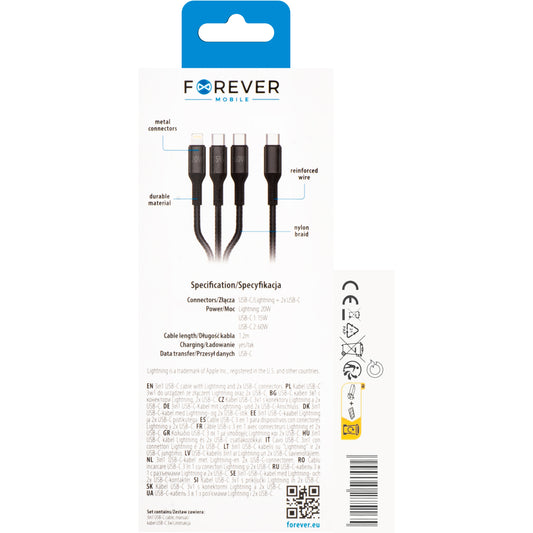 Nabíjecí kabel Forever 3v1 USB-A - Lightning / 2 x USB-C Forever 3v1, 60 W, 1,2 m, černý
