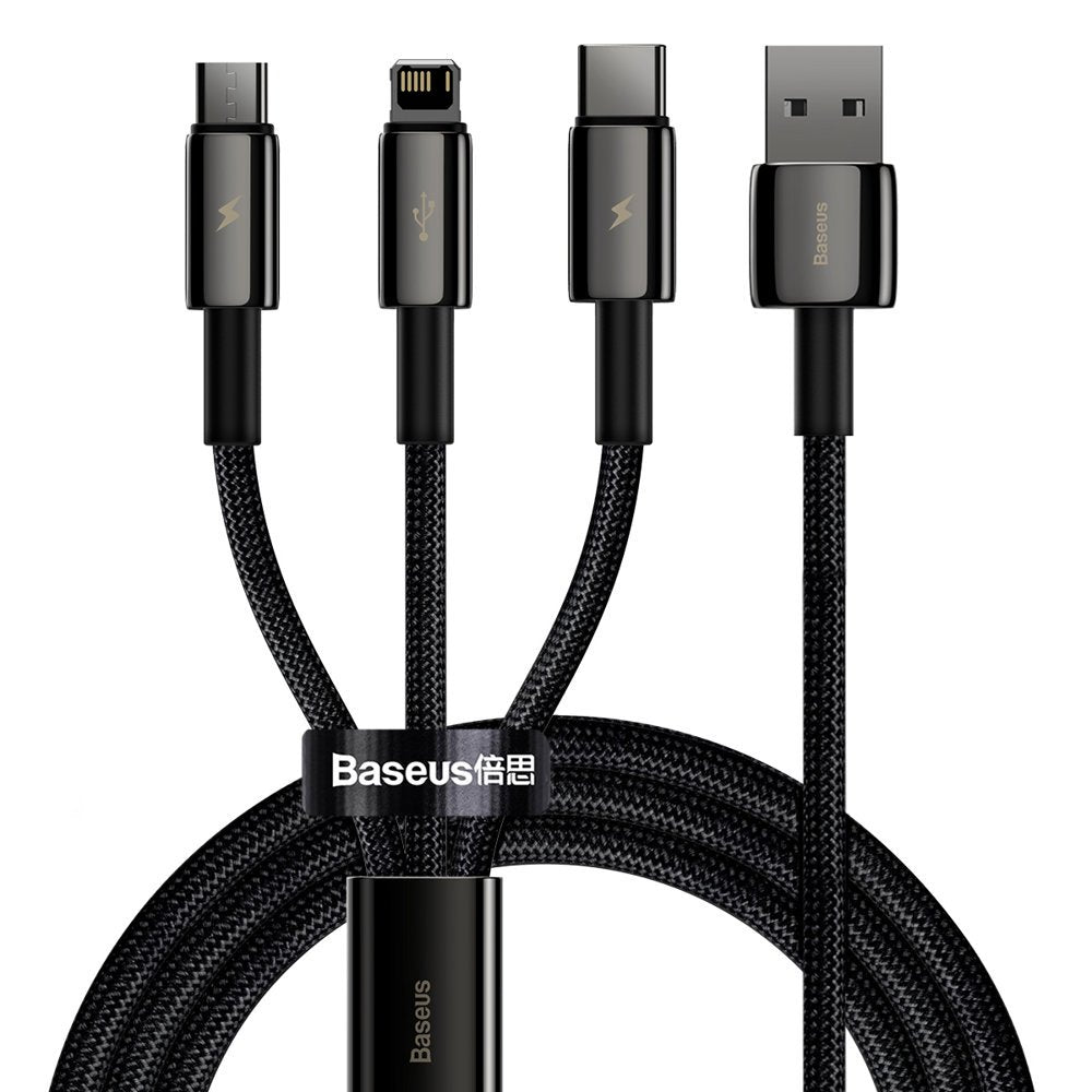 Nabíjecí kabel USB-A - Lightning / microUSB / USB-C Baseus Tungsten Gold 3v1, 18W, 1.5m, Černý CAMLTWJ-01