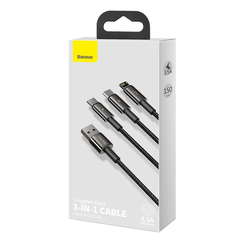 Nabíjecí kabel USB-A - Lightning / microUSB / USB-C Baseus Tungsten Gold 3v1, 18W, 1.5m, Černý CAMLTWJ-01