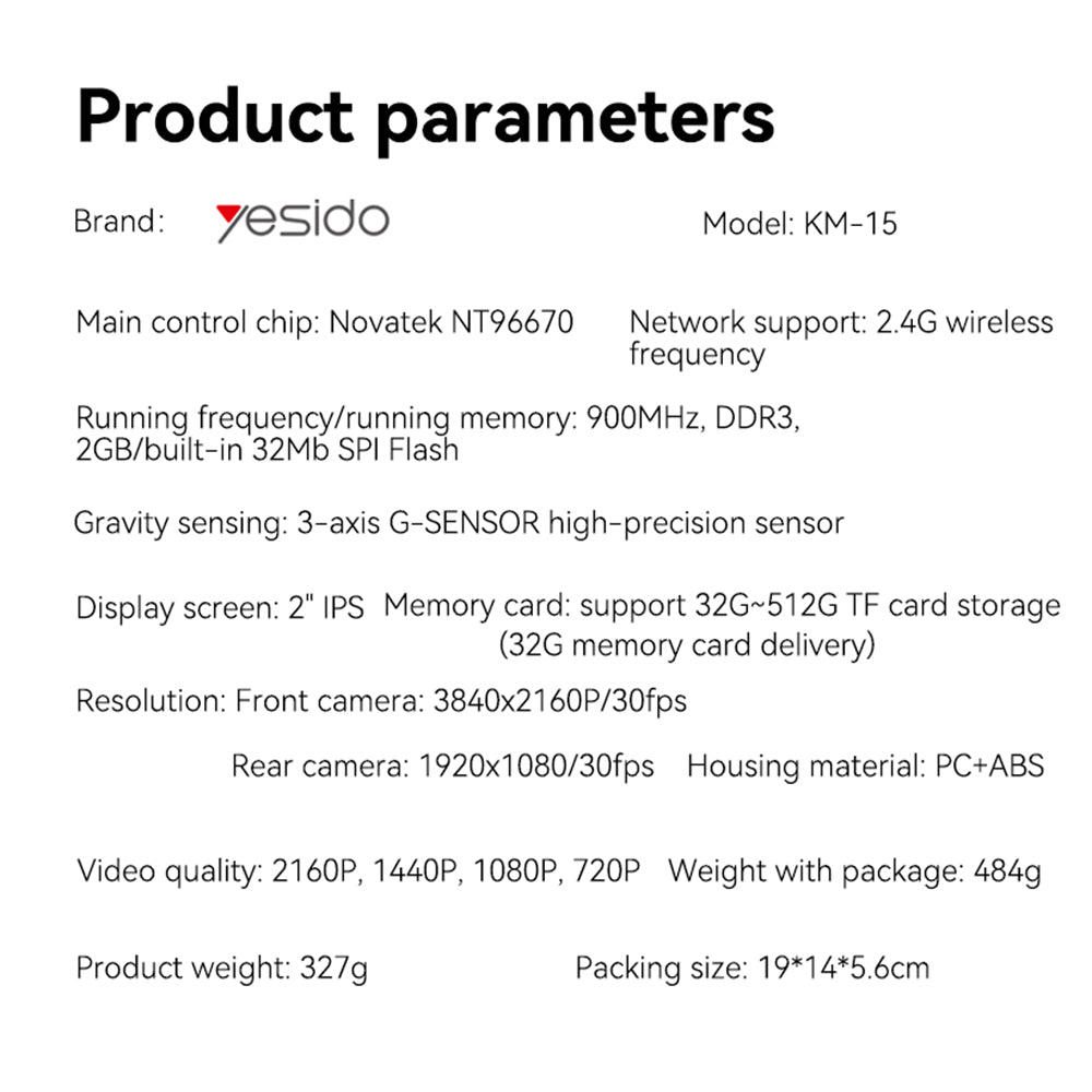 Auto kamera Yesido KM15, přední a zadní, 4K, Wi-Fi, displej 2 palce
