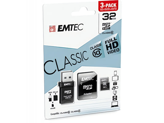 Paměťová karta microSDHC Emtec C10 Classic, 32Gb, Třída 10, S čtečkou karet a adaptérem ECMSDM32GHC10CGRA2