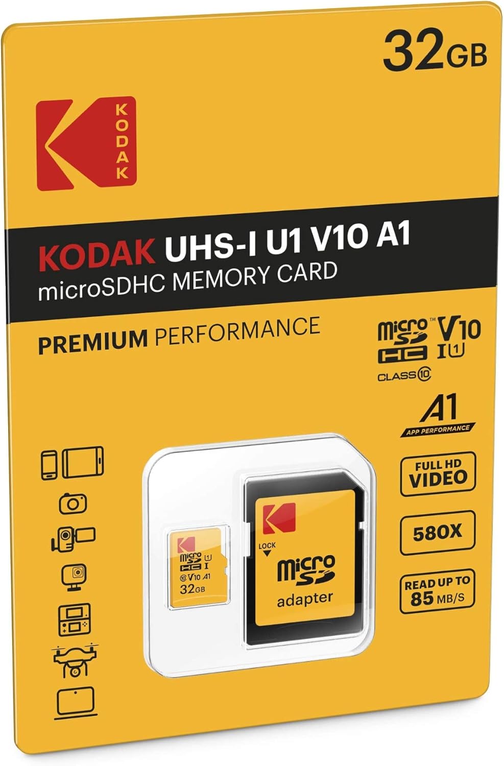 Paměťová karta microSDHC Kodak Premium Performance, 32Gb, Třída 10 / UHS-1 U1, S adaptérem EKMSDM32GHC10K
