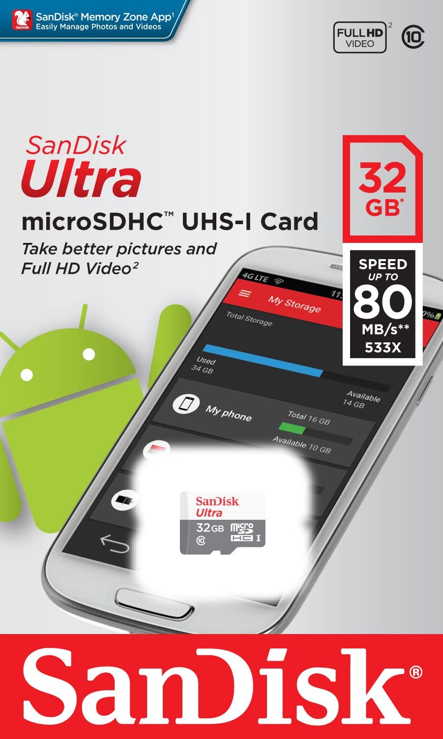Paměťová karta microSDHC SanDisk Ultra, 32Gb, Třída 10 SDSQUNR-032G-GN3MN