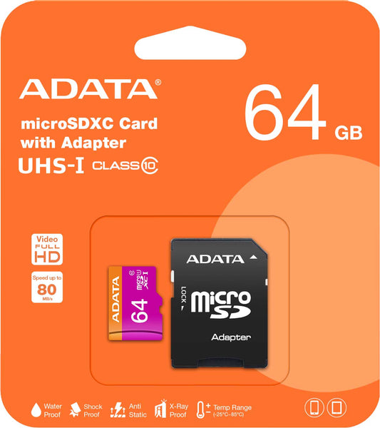 Adata microSDXC paměťová karta, 64Gb, Class 10 / UHS-1 U1, s adaptérem AUSDX64GUICL10-RA1