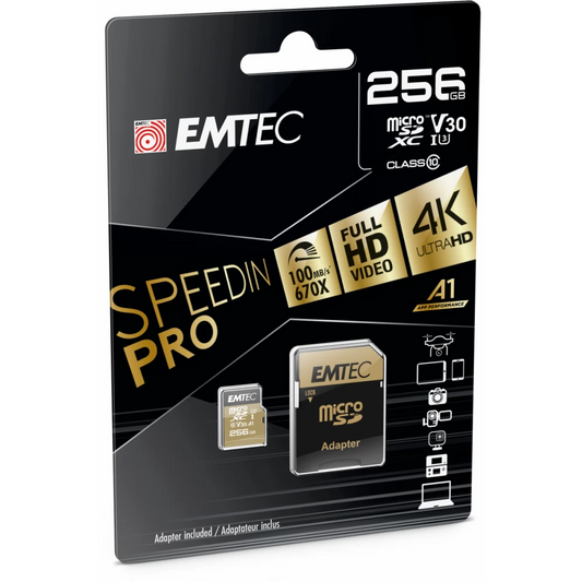 Paměťová karta microSDXC Emtec Speedin Pro Android A1, 256Gb, Třída 10 / UHS-1 U3, S adaptérem ECMSDM256GXC10SP