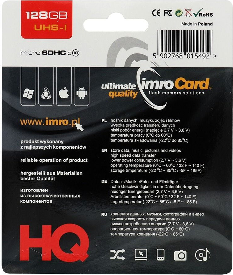 Paměťová karta microSDXC Imro, 128Gb, Třída 10 / UHS-1 U1, S adaptérem
