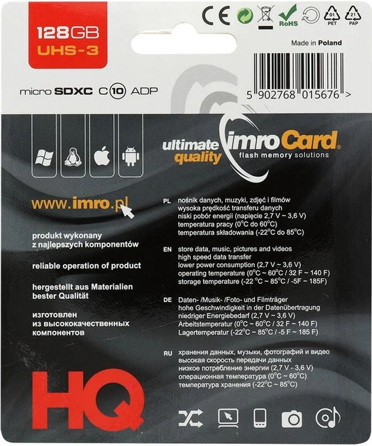 Paměťová karta microSDXC Imro, 128Gb, Třída 10 / UHS-1 U3, S adaptérem