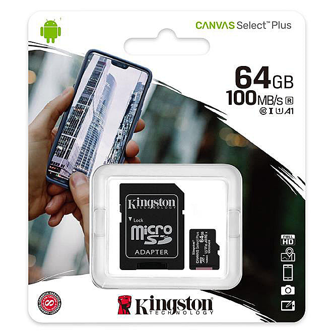 Paměťová karta microSDXC Kingston Canvas Select Plus Android A1, 64Gb, Třída 10 / UHS-1 U1, S adaptérem SDCS2/64GB