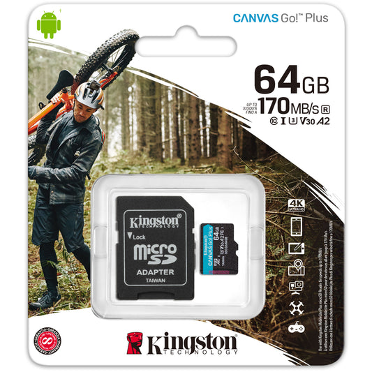Paměťová karta Kingston Canvas Go Plus microSDXC Kingston Canvas Go Plus, 64Gb, Class 10 / UHS-1 U3, s adaptérem SDCG3/64GB