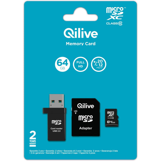 Paměťová karta microSDXC Qilive, 64Gb, Třída 10, S čtečkou karet a adaptérem EKMSDM64GXC10QL