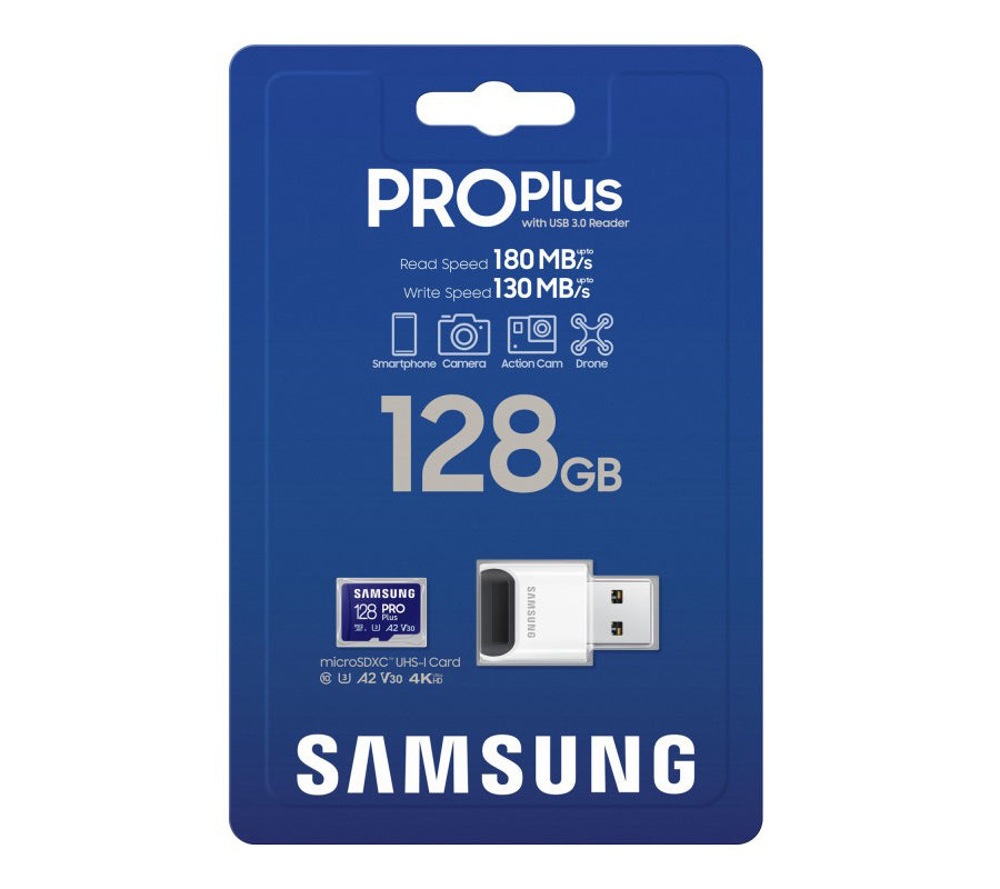 Paměťová karta microSDXC Samsung PRO Plus, 128Gb, Třída 10 / UHS-1 U3, s čtečkou karet MB-MD128SB/WW