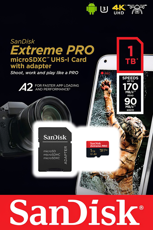 Paměťová karta microSDXC SanDisk Extreme Pro, 1TB, Třída 10 / UHS-1 U3, s adaptérem SDSQXCD-1T00-GN6MA