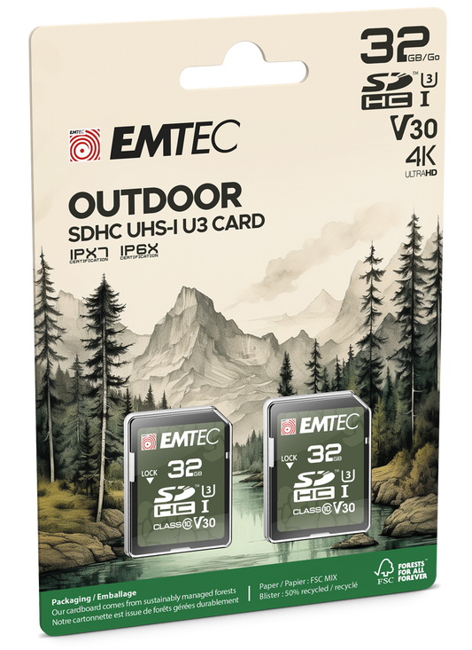 Paměťová karta SDHC Emtec Rugged Outdoor, 32Gb, Třída 10 / UHS-1 U3, Sada 2 kusy ECMSD32GHC10ORP2