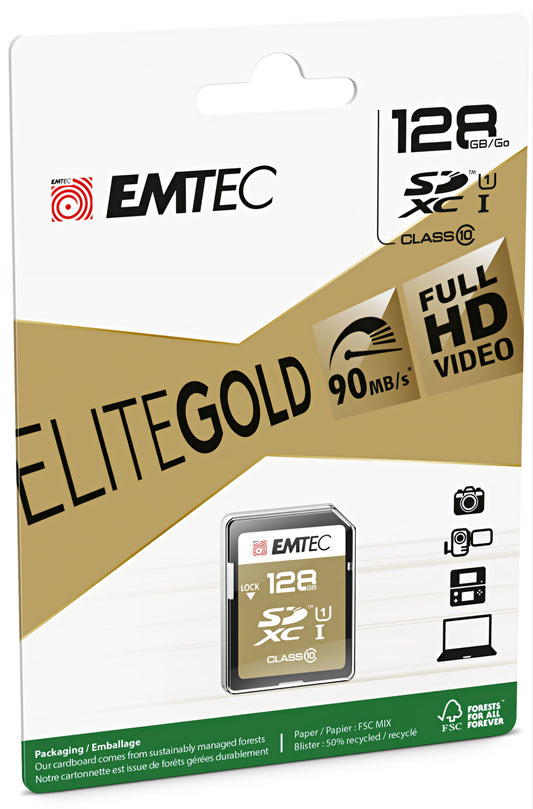 Paměťová karta SDXC Emtec Elite Gold, 128Gb, Třída 10 / UHS-1 U1 ECMSD128GXC10GP