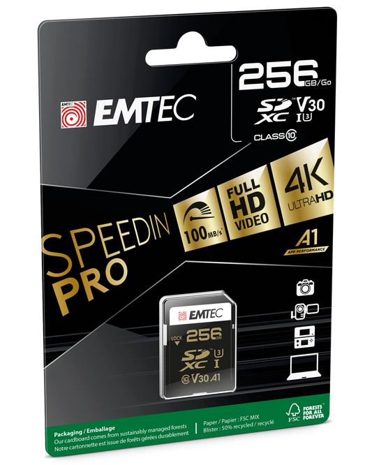 Paměťová karta SDXC Emtec SpeedIn Pro, 256Gb, Třída 10 / UHS-1 U3 ECMSD256GXC10SP