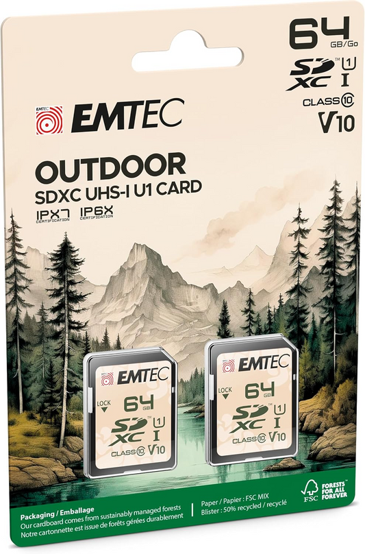 Paměťová karta SDXC Emtec Rugged Outdoor, 64GB, Třída 10 / UHS-1 U1, Sada 2 kusů ECMSD64GXCU1ORP2