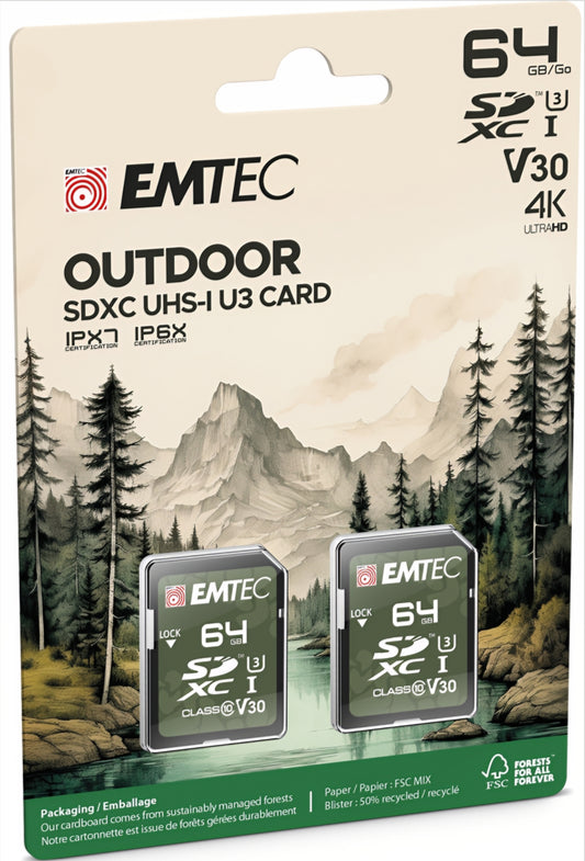 Paměťová karta SDXC Emtec Rugged Outdoor, 64GB, Třída 10 / UHS-1 U3, Sada 2 kusů ECMSD64GXCU3ORP