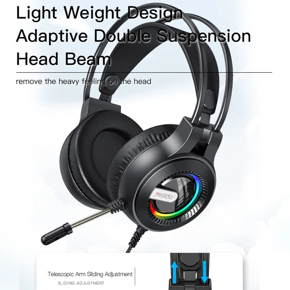 Sluchátka pro hraní 3.5mm Yesido EK02, RGB, 2.2m, černé