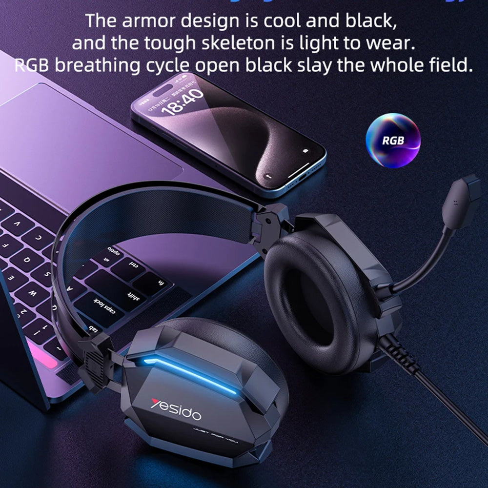Sluchátka pro hraní 3.5mm Yesido EK03, RGB, 2m, černé