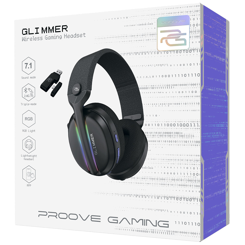 Bezdrátová herní sluchátka Proove Glimmer, RGB, BT / Wi-Fi / kabelová, černá WHGL00022001