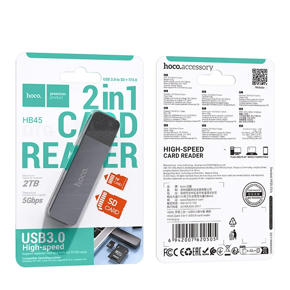 Čtečka karet USB 3.0 HOCO HB45, SD - microSD, šedá