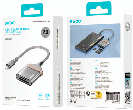 Čtečka karet USB-C BWOO BZ64, SD - microSD, Šedá