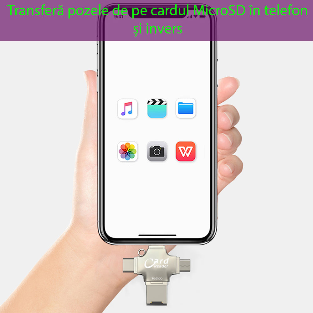 Čtečka karet USB / USB-C / Lightning / microUSB Yesido GS13, microSD, Stříbrná
