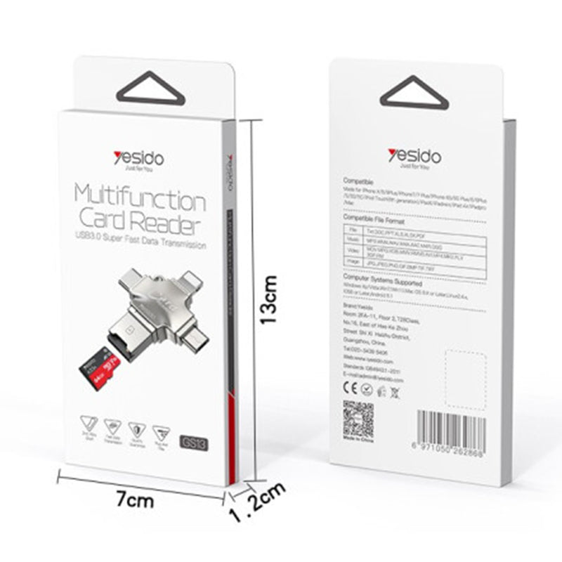 Čtečka karet USB / USB-C / Lightning / microUSB Yesido GS13, microSD, Stříbrná