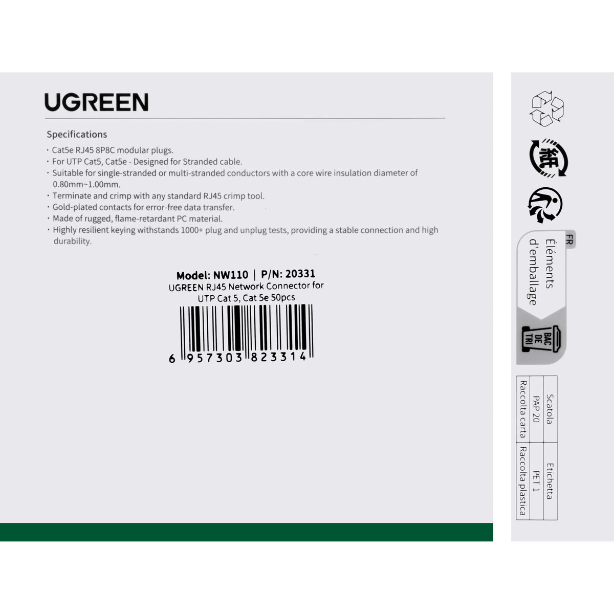 Síťový konektor UGREEN NW110, RJ45, Cat5/5e, sada 50 kusů