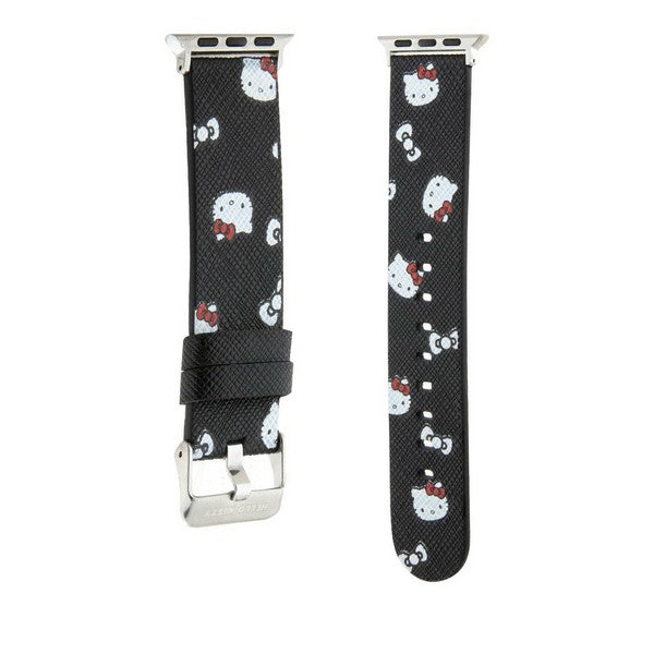 Pásek Hello Kitty Leather Kitty & Bows pro Apple Watch 42mm / 41mm / 40mm / 38mm Series, Černý