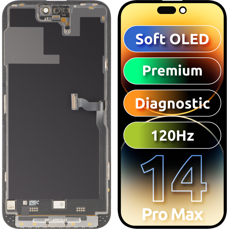 MP dotykový displej kompatibilní s Apple iPhone 14 Pro Max, s rámečkem, prémiová verze Soft OLED FHD 120Hz diagnostický, černý