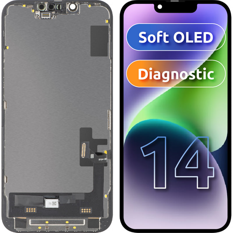 Displej s dotykovým panelem MP kompatibilní s Apple iPhone 14, s rámem, verze Soft OLED FHD Diagnostic, černý