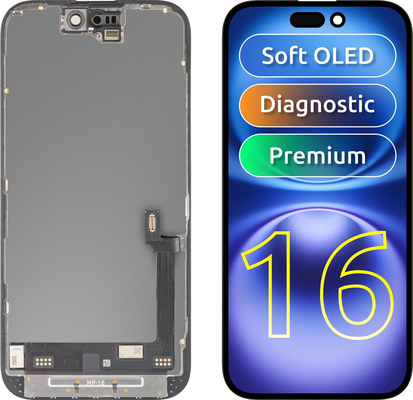 MP dotykový displej kompatibilní s Apple iPhone 16, s rámečkem, prémiová verze Soft OLED FHD diagnostická, černá