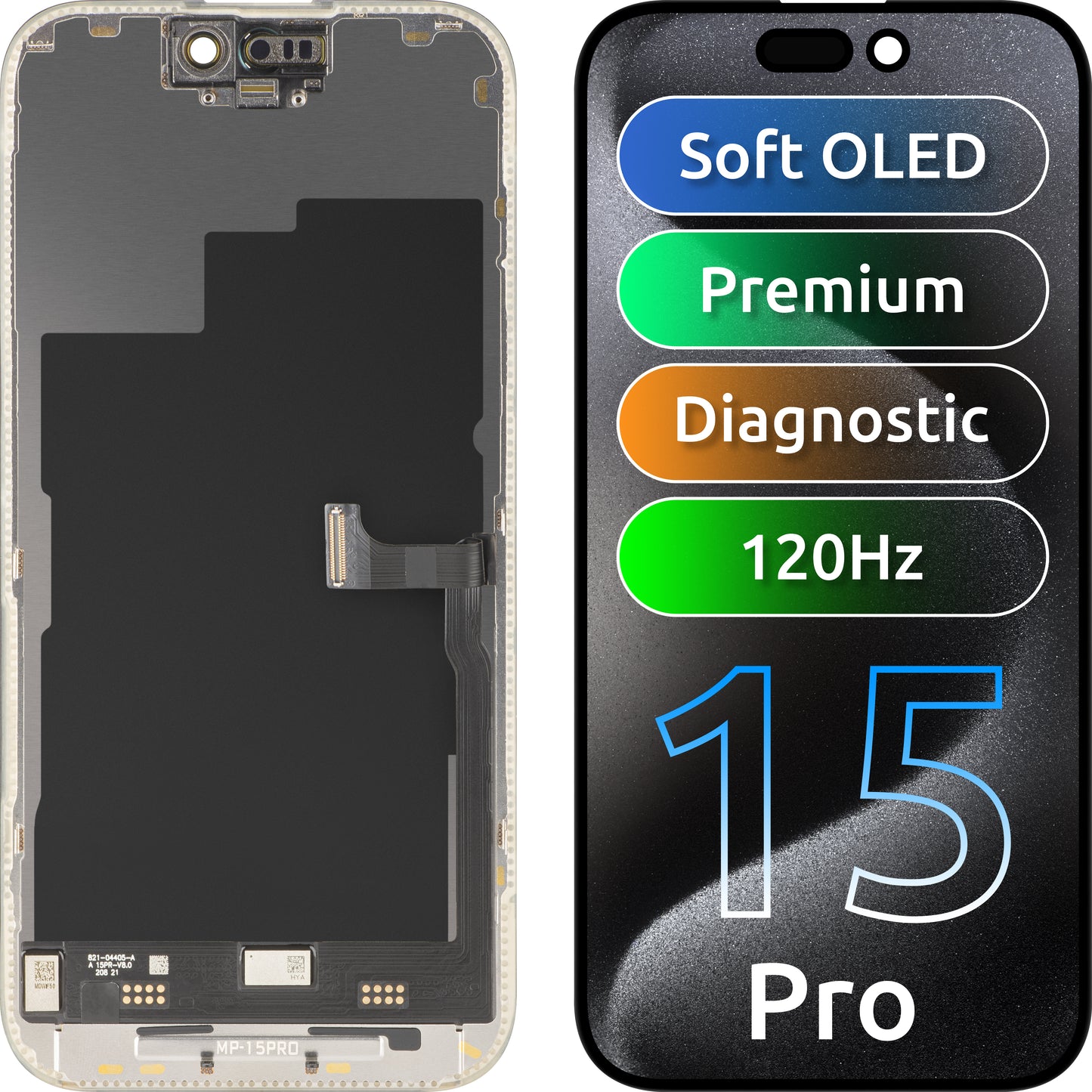 Displej s dotykovou obrazovkou MP kompatibilní s Apple iPhone 15 Pro, s rámečkem, prémiová verze Soft OLED FHD 120Hz diagnostická, černá