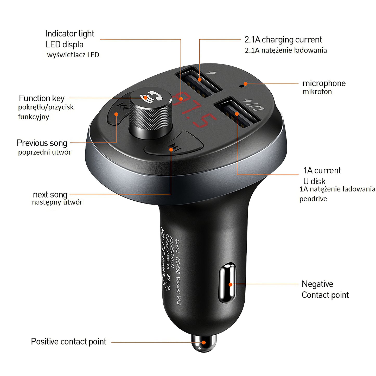 FM Bluetooth modulátor McDodo, 2 x USB-A