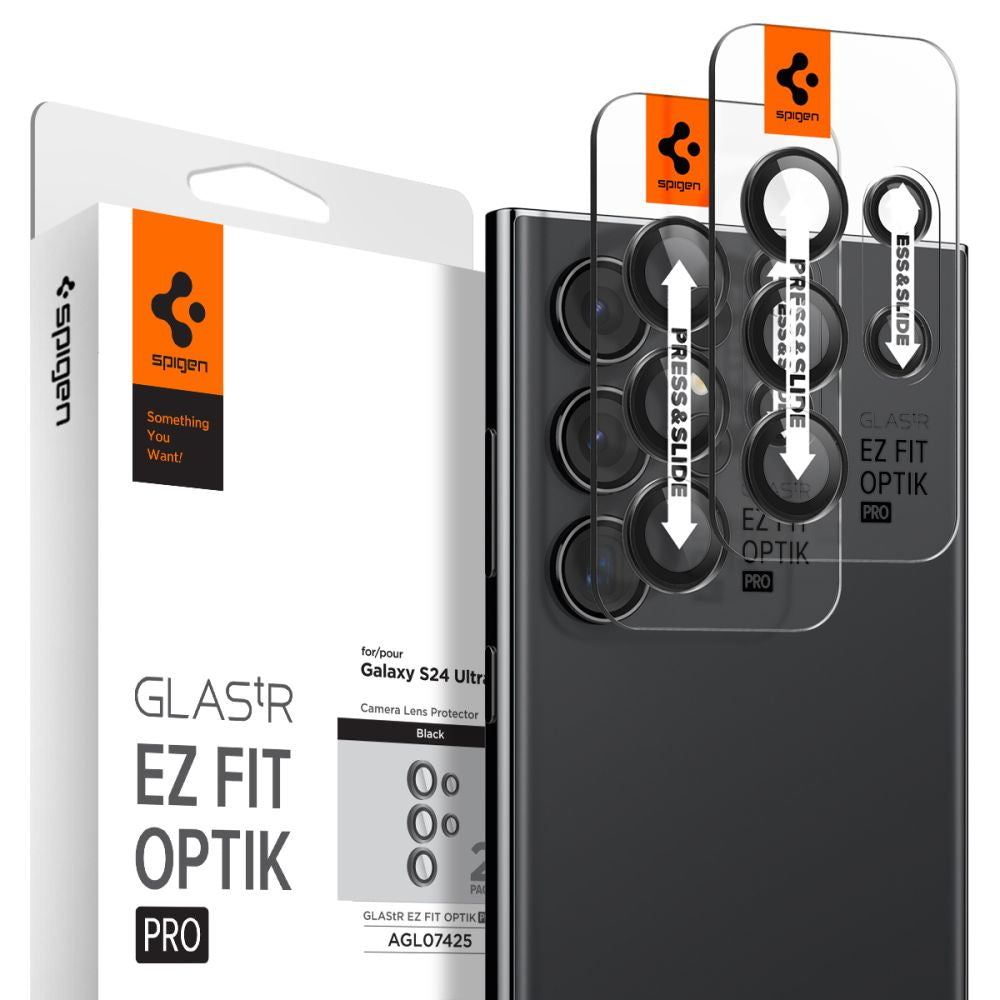 Ochranná fólie na zadní kameru Spigen GlastR EZ FIT Optik Pro pro Samsung Galaxy S24 Ultra S928, Tvrzené sklo, Sada 2 kusy, Černá